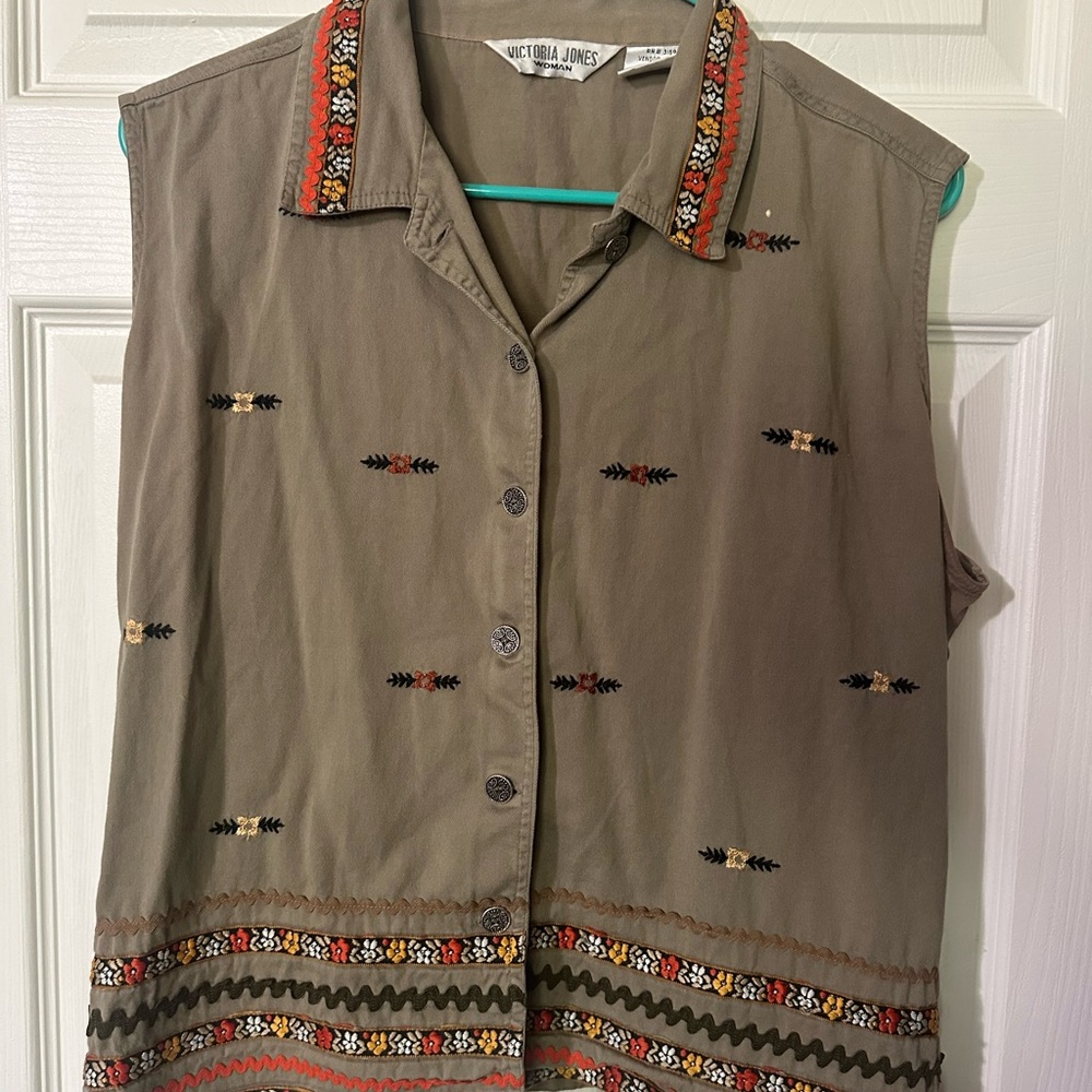 Tan Boxy Embellished Vest with Notched Collar